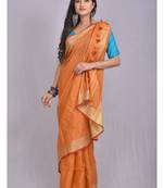 Handmade bhagalpuri linen saree with contrast border in orange shade with blouse piece