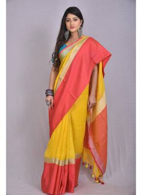 Handmade bhagalpuri linen saree with contrast border in mustard yellow shade with blouse piece 1