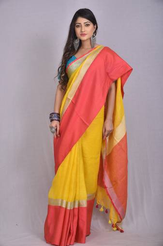 Handmade bhagalpuri linen saree with contrast border in mustard yellow shade with blouse piece