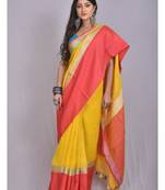 Handmade bhagalpuri linen saree with contrast border in mustard yellow shade with blouse piece