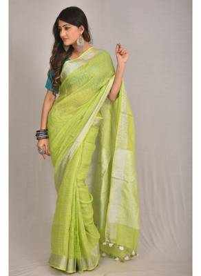Handmade bhagalpuri linen saree with contrast border in neon green shade with blouse piece 1