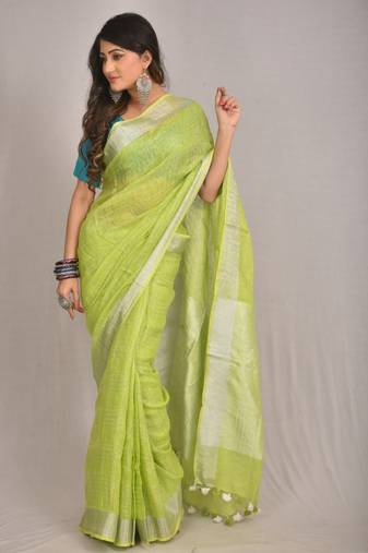 Handmade bhagalpuri linen saree with contrast border in neon green shade with blouse piece