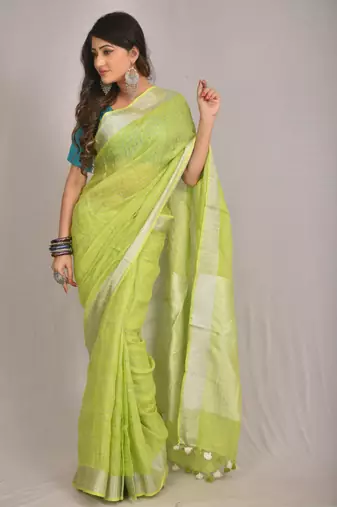 Handmade bhagalpuri linen saree with contrast border in neon green shade with blouse piece
