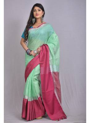 Handmade bhagalpuri linen saree with contrast border in sea green shade with blouse piece 1