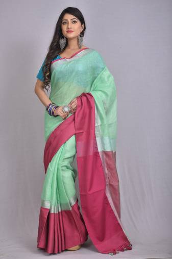 Handmade bhagalpuri linen saree with contrast border in sea green shade with blouse piece