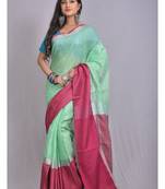 Handmade bhagalpuri linen saree with contrast border in sea green shade with blouse piece