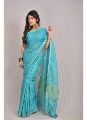Handmade bhagalpuri linen saree with zari woven borders in blue shade with blouse piece 1