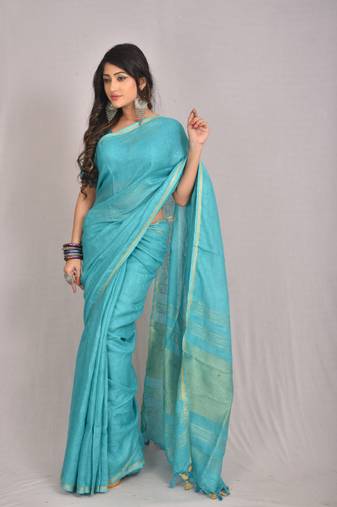 Handmade bhagalpuri linen saree with zari woven borders in blue shade with blouse piece