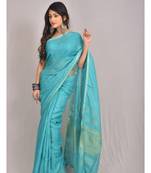 Handmade bhagalpuri linen saree with zari woven borders in blue shade with blouse piece