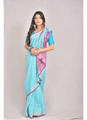 Handmade bhagalpuri linen saree with contrast border in blue shade with blouse piece 1