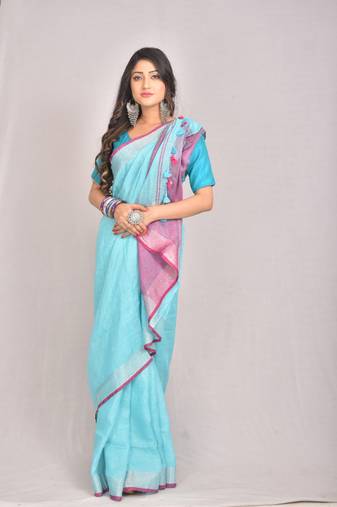 Handmade bhagalpuri linen saree with contrast border in blue shade with blouse piece
