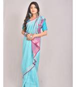 Handmade bhagalpuri linen saree with contrast border in blue shade with blouse piece