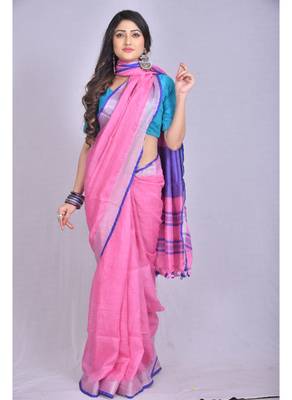 Handmade bhagalpuri linen saree with contrast border in pink shade with blouse piece 1