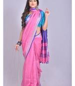 Handmade bhagalpuri linen saree with contrast border in pink shade with blouse piece