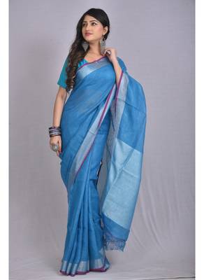 Handmade bhagalpuri linen saree with contrast border in drak blue shade with blouse piece 1