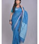 Handmade bhagalpuri linen saree with contrast border in drak blue shade with blouse piece
