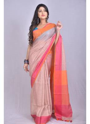 Handmade bhagalpuri linen saree with contrast border in light peach shade with blouse piece 1