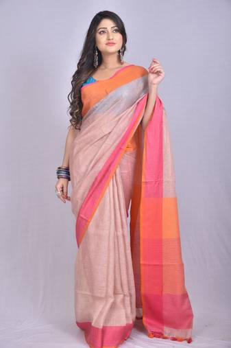 Handmade bhagalpuri linen saree with contrast border in light peach shade with blouse piece