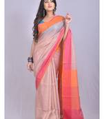 Handmade bhagalpuri linen saree with contrast border in light peach shade with blouse piece