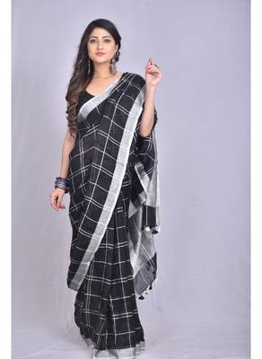 Handmade bhagalpuri linen saree with zaru checks in black shade with blouse piece 1