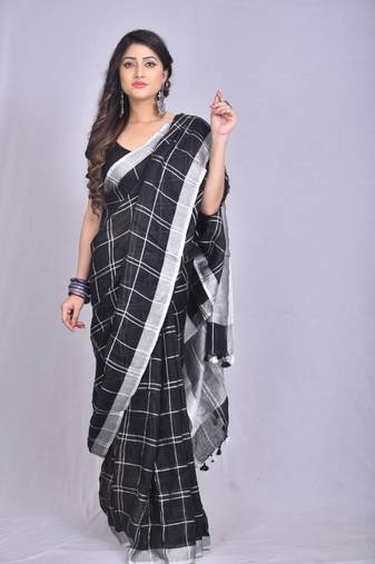 Handmade bhagalpuri linen saree with zaru checks in black shade with blouse piece