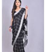 Handmade bhagalpuri linen saree with zaru checks in black shade with blouse piece