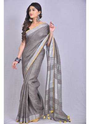 Handmade bhagalpuri linen saree with contrast border in grey shade with blouse piece 1