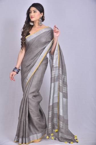 Handmade bhagalpuri linen saree with contrast border in grey shade with blouse piece