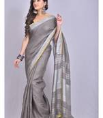 Handmade bhagalpuri linen saree with contrast border in grey shade with blouse piece