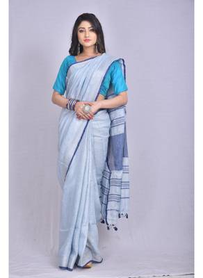 Handmade bhagalpuri linen saree with contrast border in light sky blue shade with blouse piece 1
