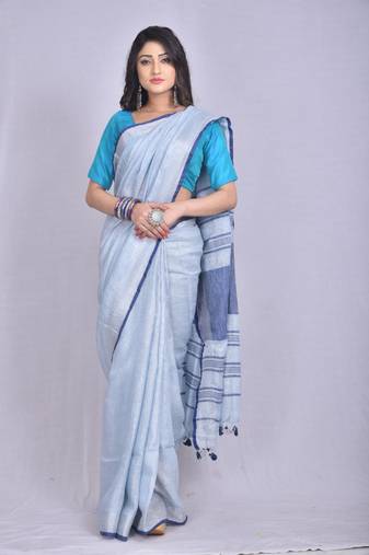 Handmade bhagalpuri linen saree with contrast border in light sky blue shade with blouse piece