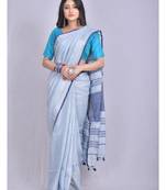Handmade bhagalpuri linen saree with contrast border in light sky blue shade with blouse piece