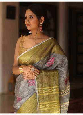 Handmade bhagalpuri embroiderd linen saree in grey shade with blouse piece 2