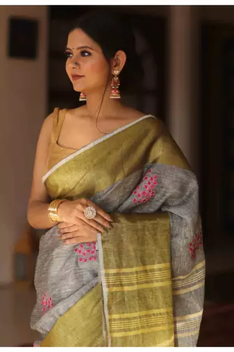 Handmade bhagalpuri embroiderd linen saree in grey shade with blouse piece