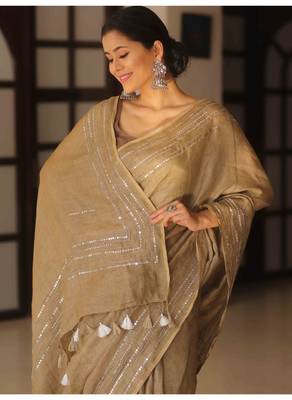 Handmade bhagalpuri linen saree with mirror work in beige shade with blouse piece 2