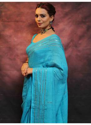 Handmade bhagalpuri linen saree with mirror work in sea blue shade with blouse piece 2