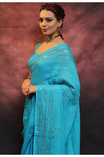 Handmade bhagalpuri linen saree with mirror work in sea blue shade with blouse piece