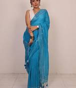 Handmade bhagalpuri linen saree with mirror work in blue shade with blouse piece