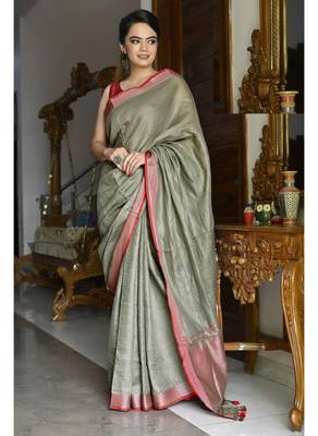 Handmade bhagalpuri linen saree with contrast border in ash green shade with blouse piece 1