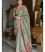 Handmade bhagalpuri linen saree with contrast border in ash green shade with blouse piece