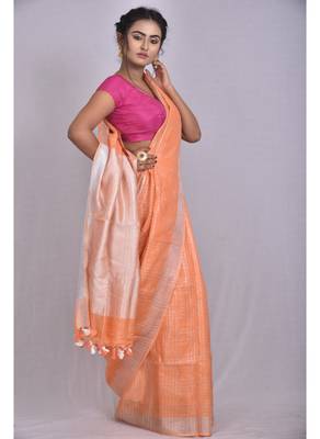 Handmade bhagalpuri linen saree with zari wovwn border in light orange shade with blouse piece 2