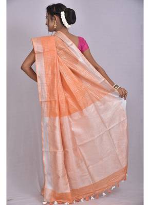Handmade bhagalpuri linen saree with zari wovwn border in light orange shade with blouse piece 3