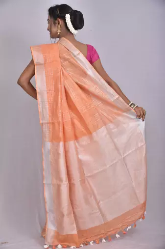 Handmade bhagalpuri linen saree with zari wovwn border in light orange shade with blouse piece