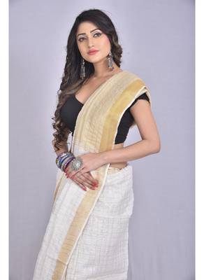 Handmade bhagalpuri linen saree with zari checks in white shade with blouse piece 2