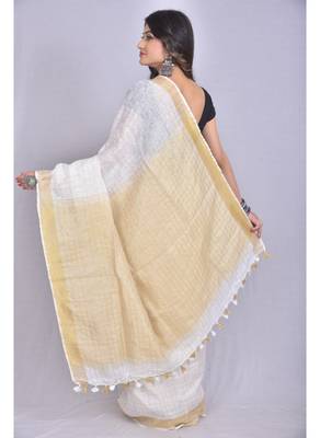 Handmade bhagalpuri linen saree with zari checks in white shade with blouse piece 3