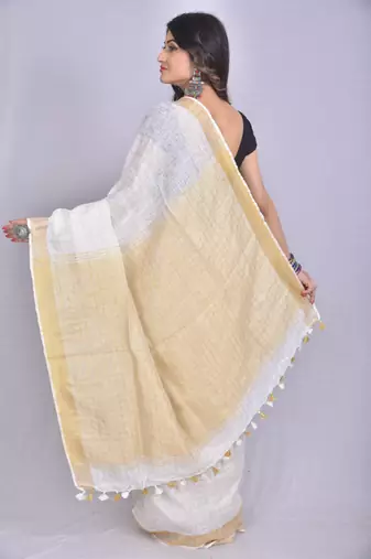 Handmade bhagalpuri linen saree with zari checks in white shade with blouse piece