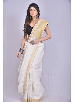 Handmade bhagalpuri linen saree with zari checks in white shade with blouse piece 4