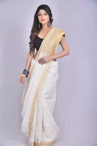 Handmade bhagalpuri linen saree with zari checks in white shade with blouse piece