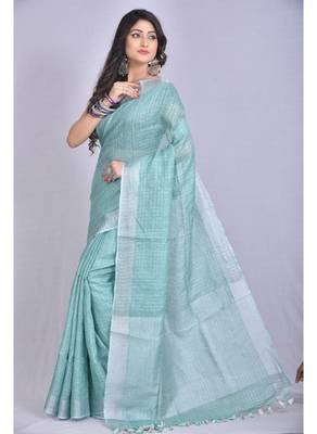 Handmade bhagalpuri linen saree with zari checks in teal shade with blouse piece 2