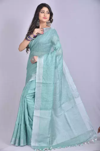 Handmade bhagalpuri linen saree with zari checks in teal shade with blouse piece